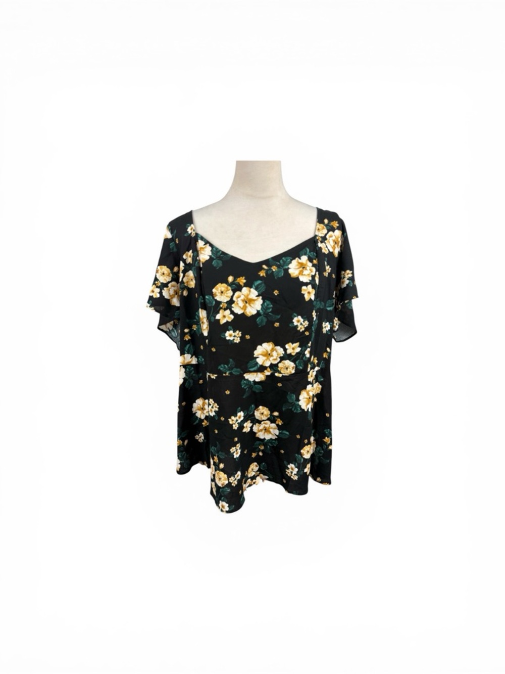 NWT torrid Black Floral V‑Neck Flutter Sleeve Top Size 2-2X/18-20